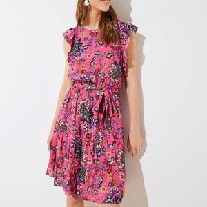 NWT  LOFT Pink Floral Flutter Cap Sleeve belted Boho SZ M